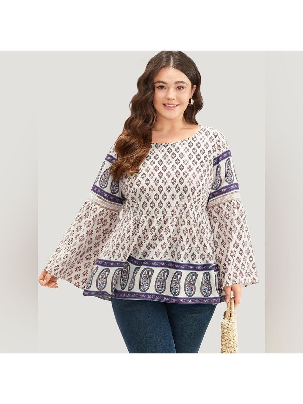 entro Ivory Paisley Peplum Tunic with Navy Accents